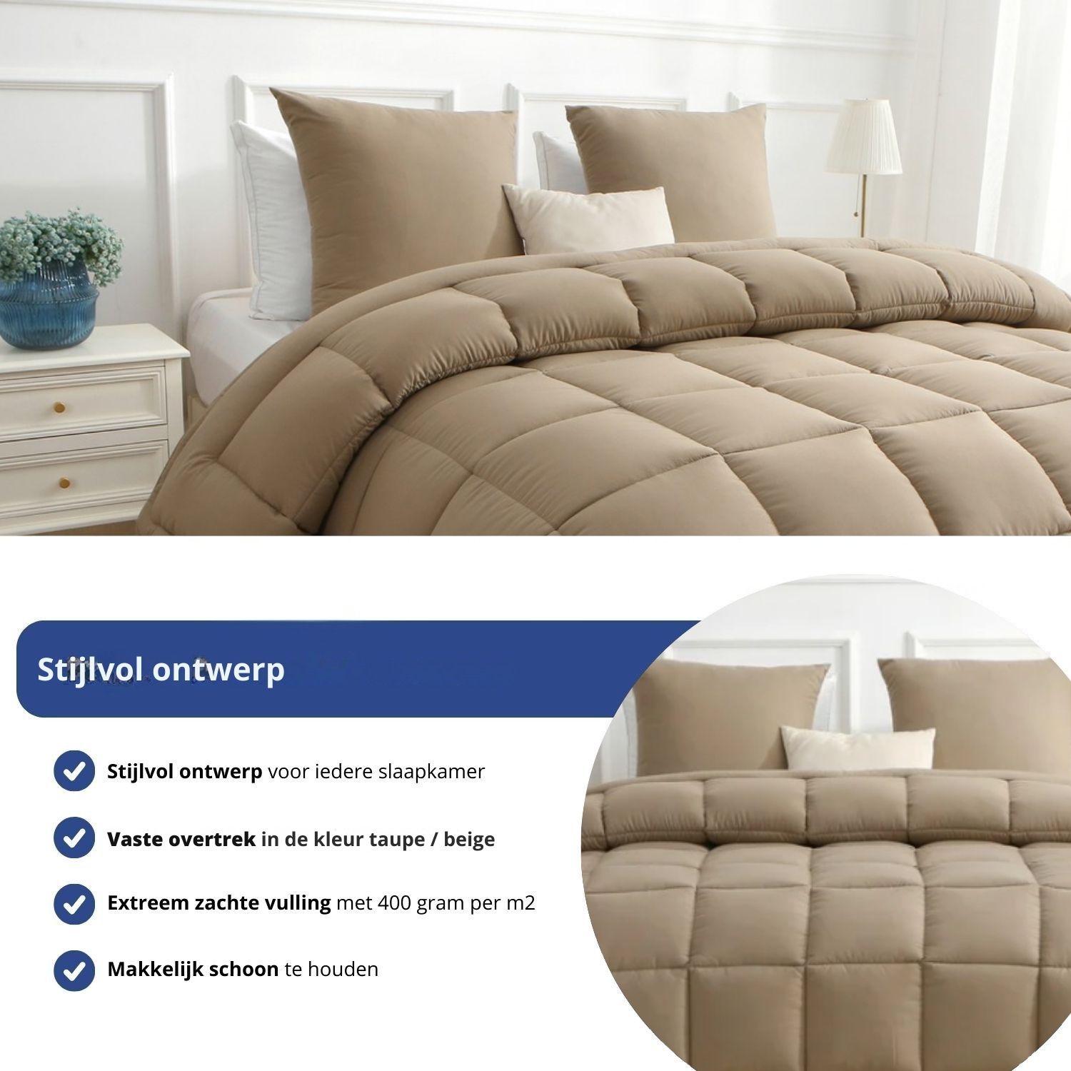Dekbed met vaste overtrek in de kleur taupe