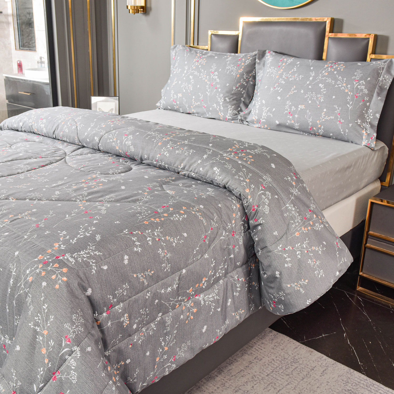 Dekbed en hoes ineen - Sara - Grijs - bloemen