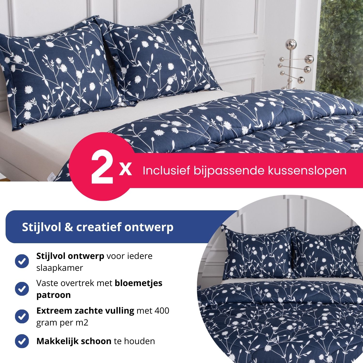 Het all year dekbed Mila met vaste overtrek en twee bijpassende kussenslopen.