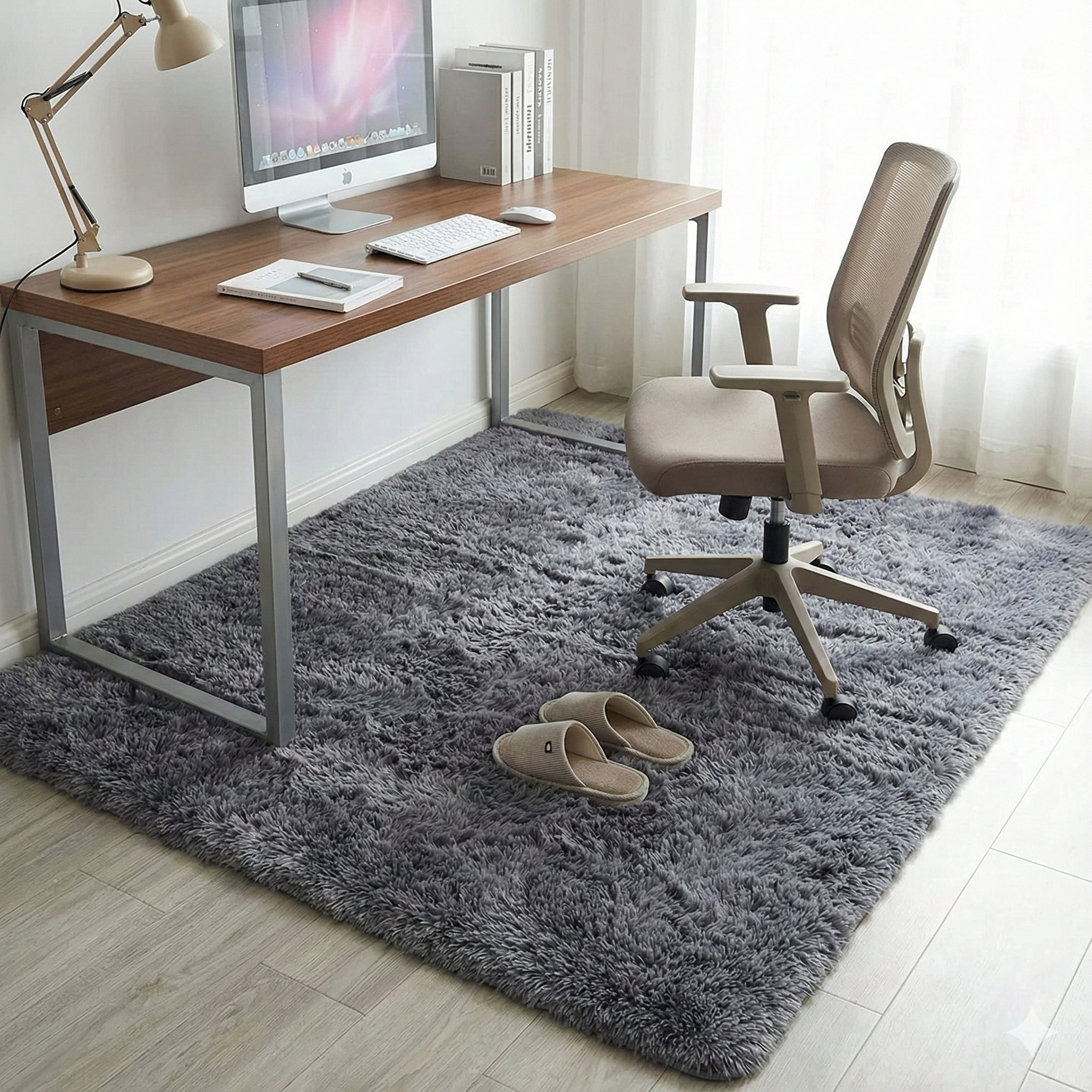 Hoogpolig donkergrijs vloerkleed van 140×200 cm onder een bureau in een thuiswerkplek, zacht en geluiddempend.