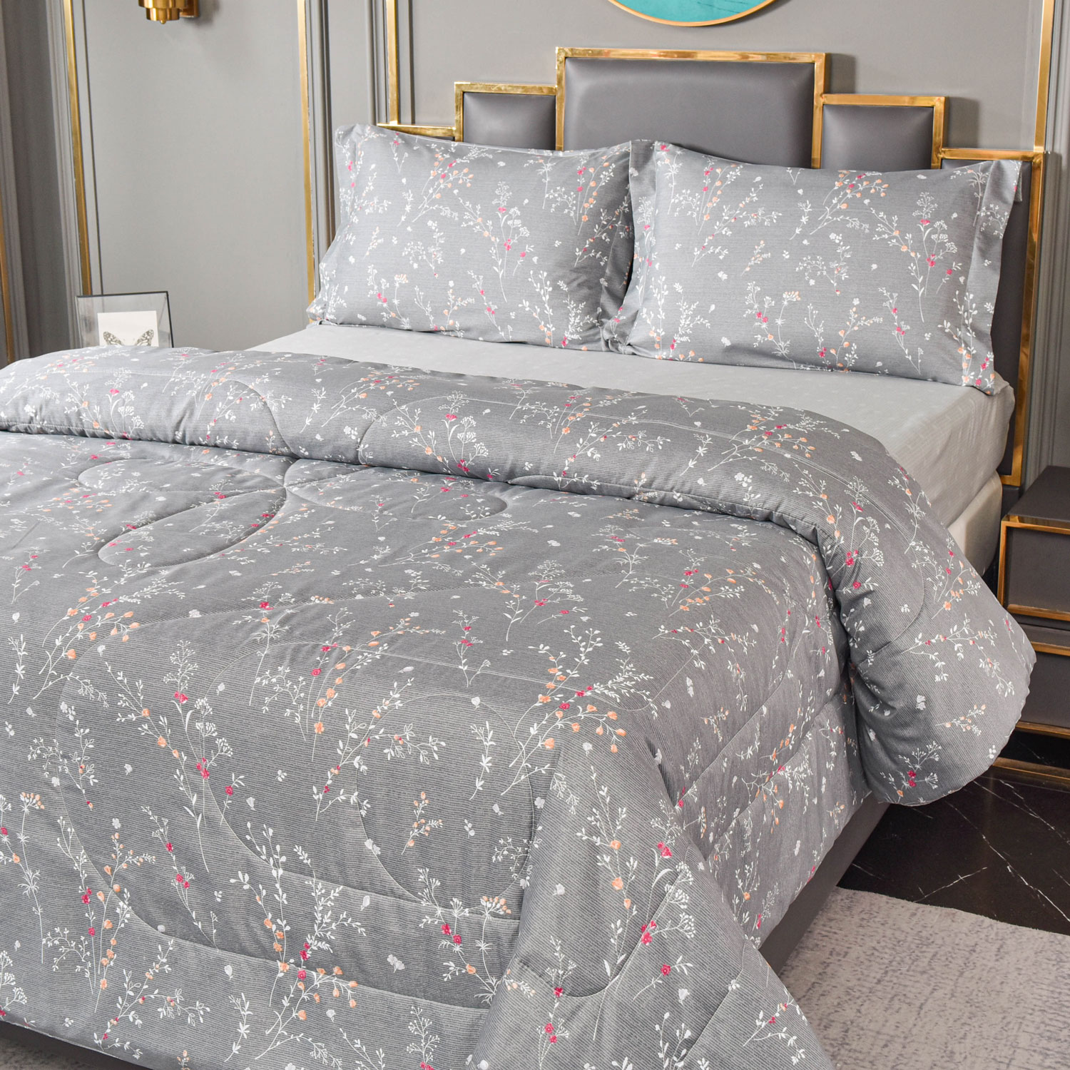 Dekbed zonder hoes - Sara - Grijs - Bloemen