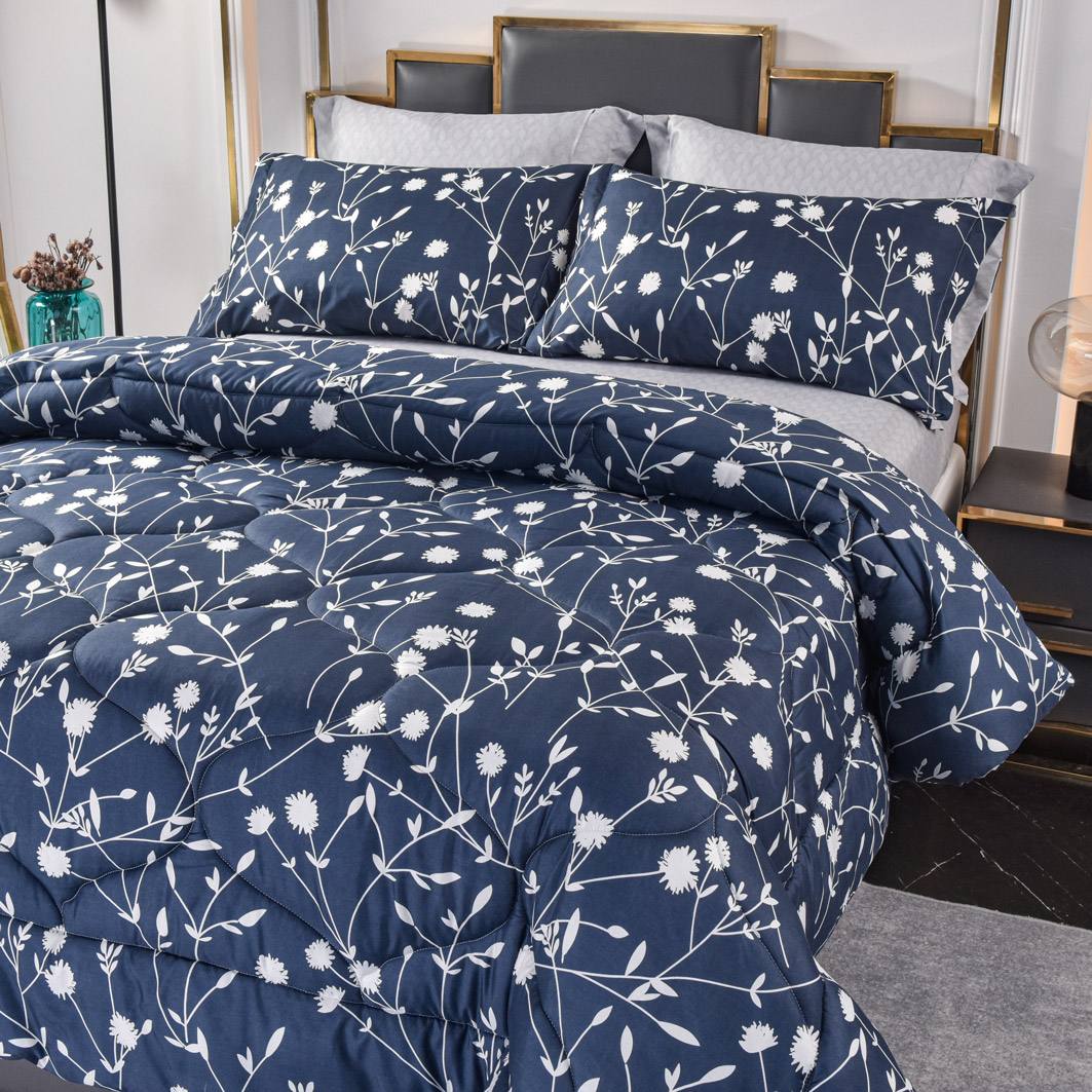 All in one dekbed blauw met witte bloem