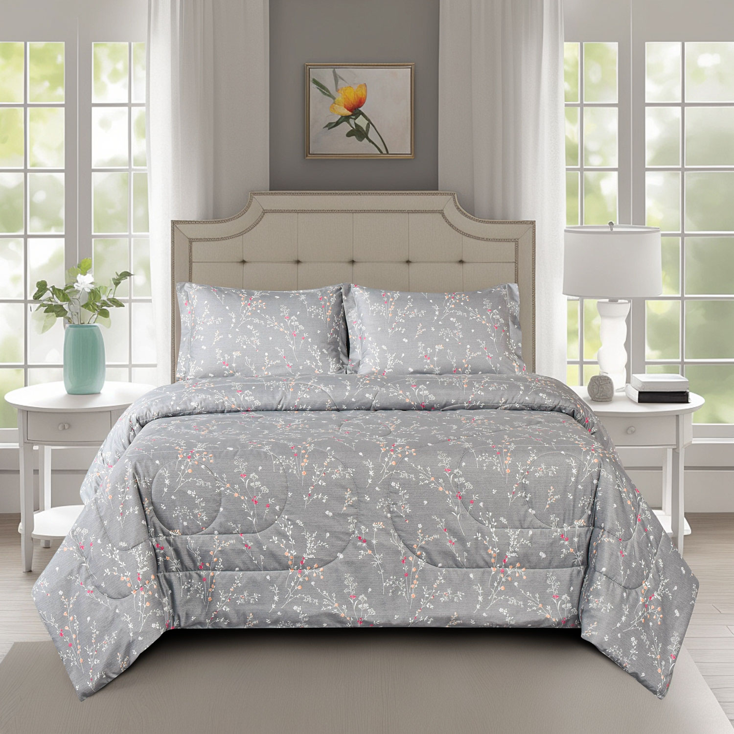 Dekbed zonder overtrek Sara - grijs bloemen
