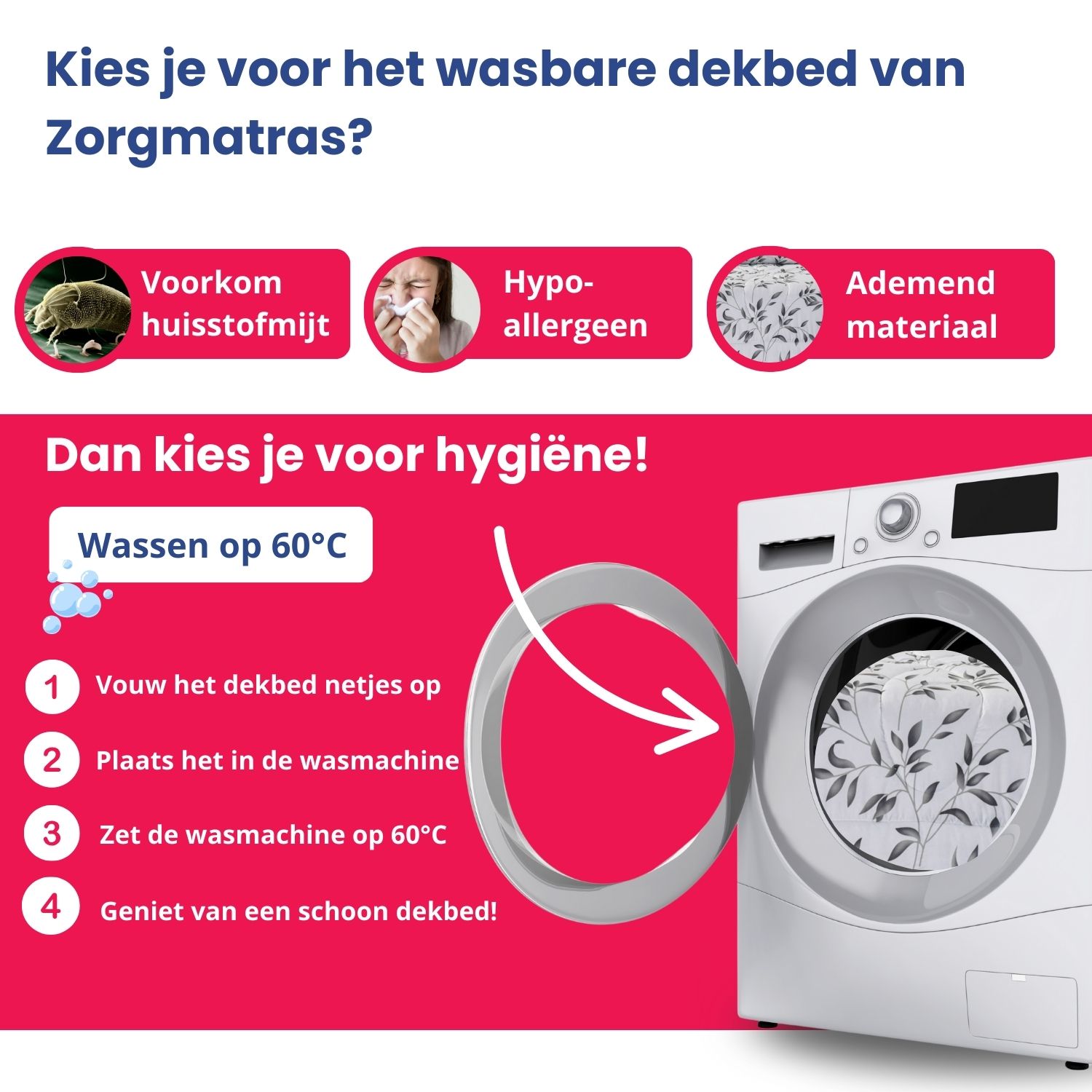 Nora dekbed zonder overtrek dat op 60 graden in de wasmachine kan voor optimale hygiëne.