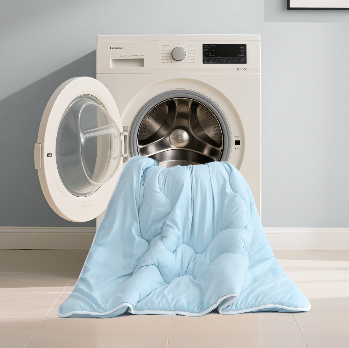 Blauw verkoelend zomerdekbed in wasmachine, eenvoudig wasbaar en snel droog