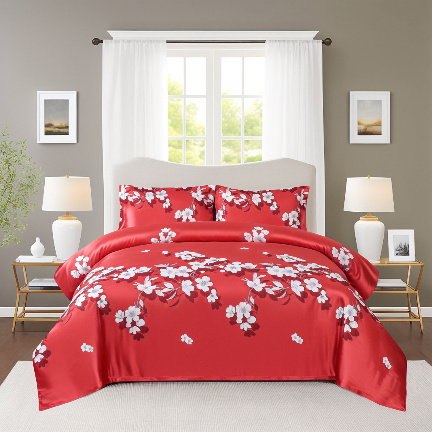 dekbedovertrek rood met witte bloemen - met rits