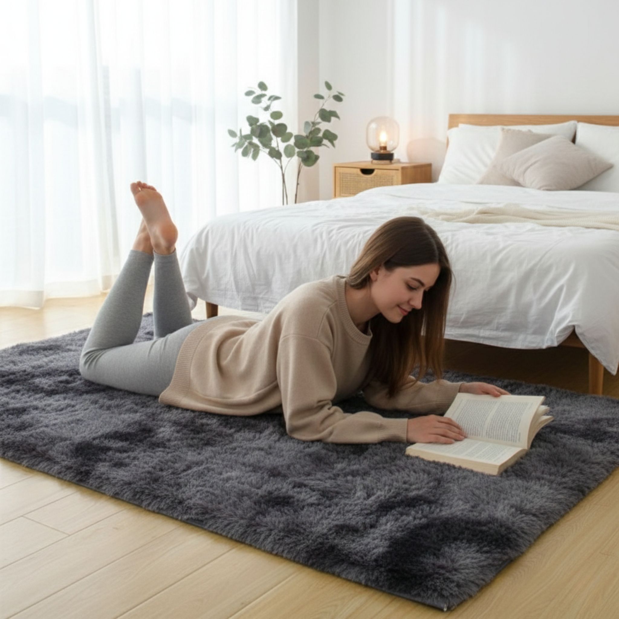 Vrouw leest op een zacht, hoogpolig donkergrijs vloerkleed van 140×200 cm in een lichte slaapkamer.